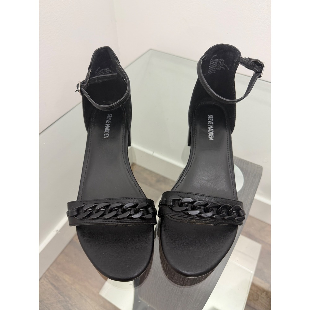 Steve Madden J-ISHH Black Chain Ankle Strap Block Heel Sandals Size 5